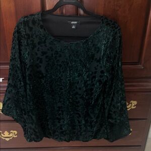 Alfani Dark Green Leopard Print Blouse bell sleeve velvet textured